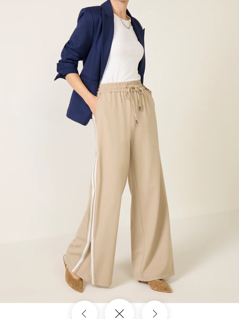 Evereve TALA Beige Wide-Leg Drawstring Track Pants with White Side Stripes